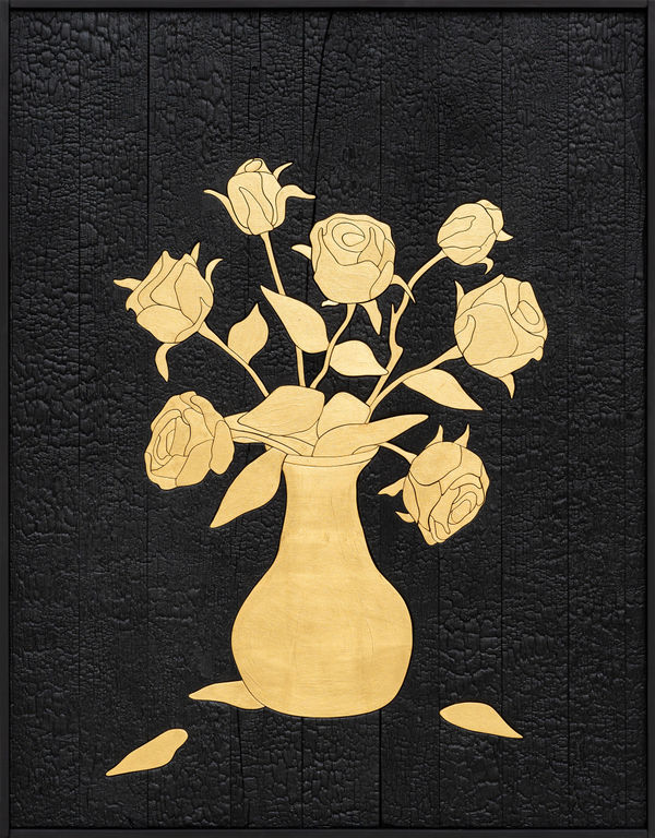 Laurent Pernot Les rêves noirs – Golden flowers, 2025 Burnt wood, gold leaf 92 x 72 x 4.5 cm (36 ¼ x 28 ⅜ x 1 ¾ in) Weight: 13.3 kg