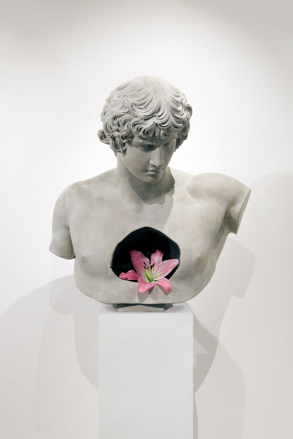 Laurent Pernot The Everlasting Nature of Heart, 2021 Plaster, patina, glass, water, lily flower Sculpture 90 x 64 x 45 cm Wooden base 30 x 30 x 112 cm Weight 25 kg Edition of 3 + 2 AP