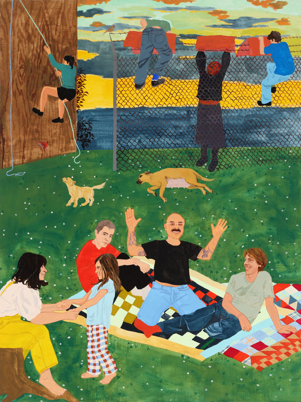 Dianna Settles The clouds sweat jade against a sweet hibiscus sky, a sigh heaves from all the small things on Earth, 2023 Acrylic and colored pencil on panel 81.3 x 121.9 x 4.4 cm (32 x 48 x 1 ¾ in)