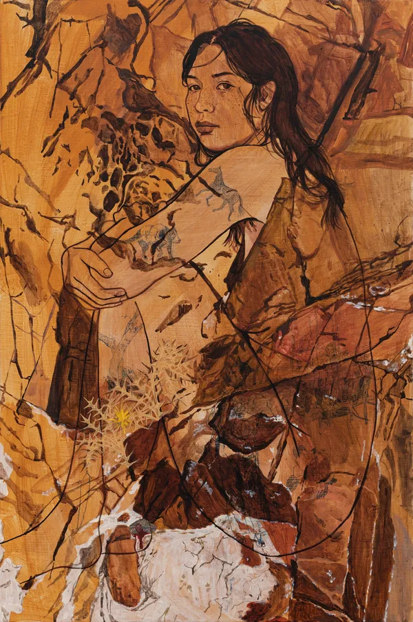 Dianna Settles Again we're going to begin all of us against the great defeat of the world (blood from a stone), 2024 Acrylic and colored pencil on panel 61 x 40.6 cm (24 x 16 in) 64 x 43.6 x 4.6 cm (25 3/16 x 17 3/16 x 1 13/16 in) framed