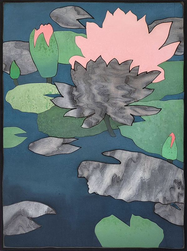 Laurent Pernot Waterlilies, 2022 Acrylic, varnish handpainted on cut wood and marble on wood panel 60 x 45 cm (23 5/8 x 17 3/4 in)