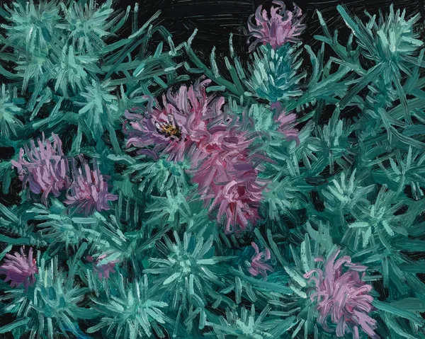 Claudia Keep Thistles on 2nd Avenue, 2024 Oil on Masonite panel 20.3 x 25.4 cm (8 x 10 in) 22.3 x 27.4 cm (8 ¹³⁄₁₆ x 10 ¹³⁄₁₆ in)