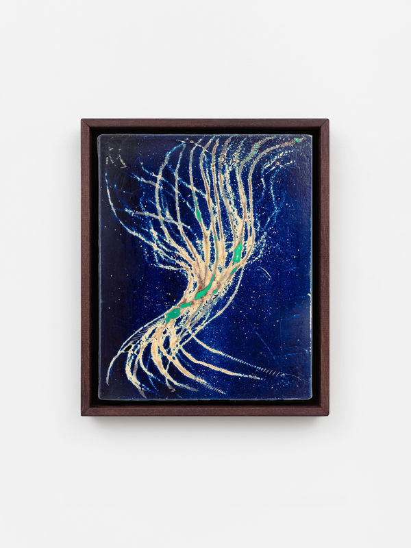 Dennis Miranda Zamorano Una raíz afuera flota, 2024 Mixed media on canvas 36 x 29 cm (14 ⅛ x 11 ⅜ in) 40 × 33.5 cm (15 ¾× 13 ¼ in) framed