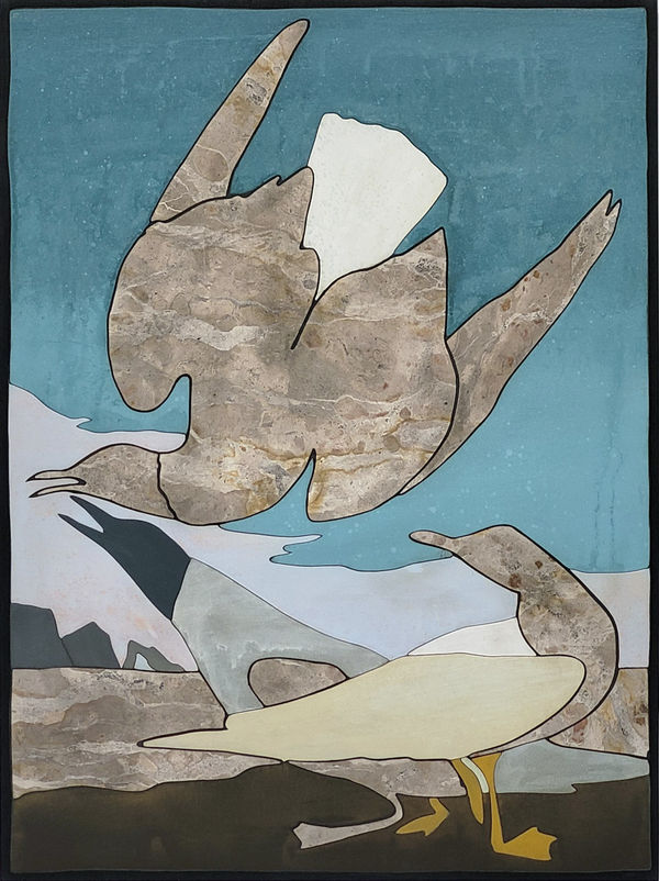 Laurent Pernot The gulls, 2022 Acrylic, varnish handpainted on cut wood and marble on wood panel 60 x 45 cm (23 5/8 x 17 3/4 in)
