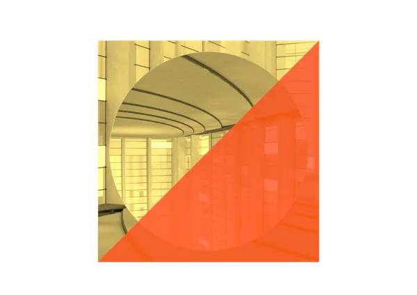 Gold square with concave circle and orange triangle