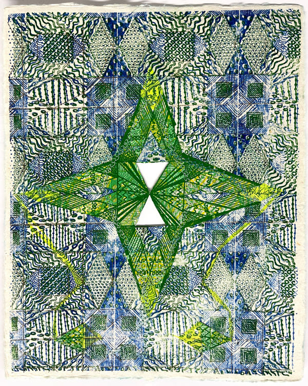 Jacquelyn Strycker Green Star, Breathing, 2025 risograph on handmade paper with sewing, acrylic gouache, and watercolor 8.5 x 11 in.