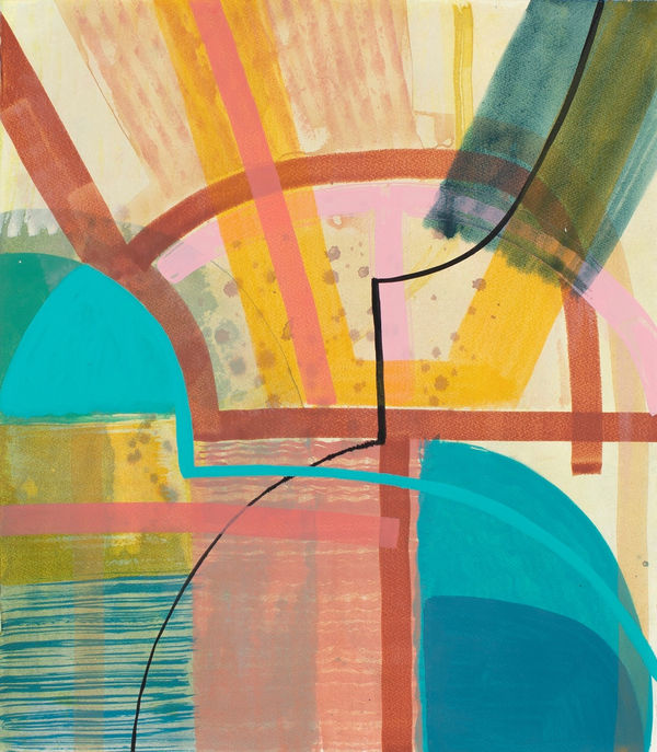 abstract painting of blocky shapes, in white, yellow, red, and cyan colors.