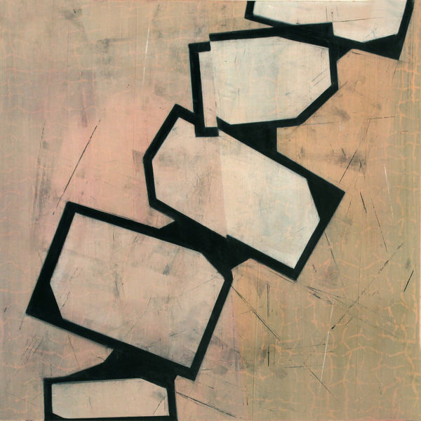 abstract painting with black geometric shapes on pink background