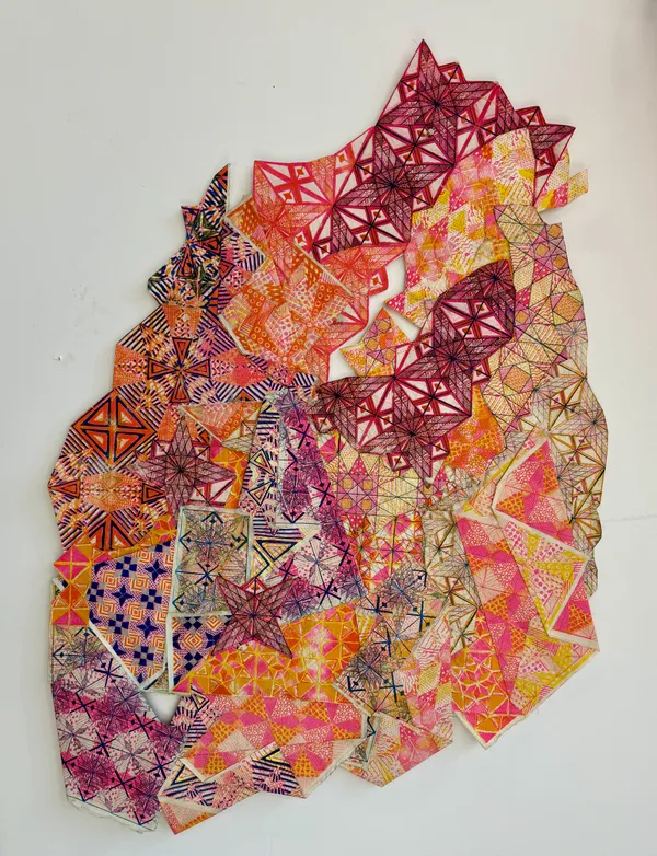 Jacquelyn Strycker Before it Settles, 2026 collage of risographs on kita kata papers and handmade papers with sewing 34 x 23 in.