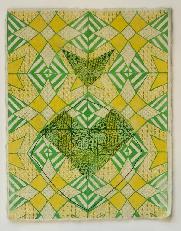 Jacquelyn Strycker Medallion (Solar), 2026 risographs on handmade paper with sewing 11 x 8.5 in.