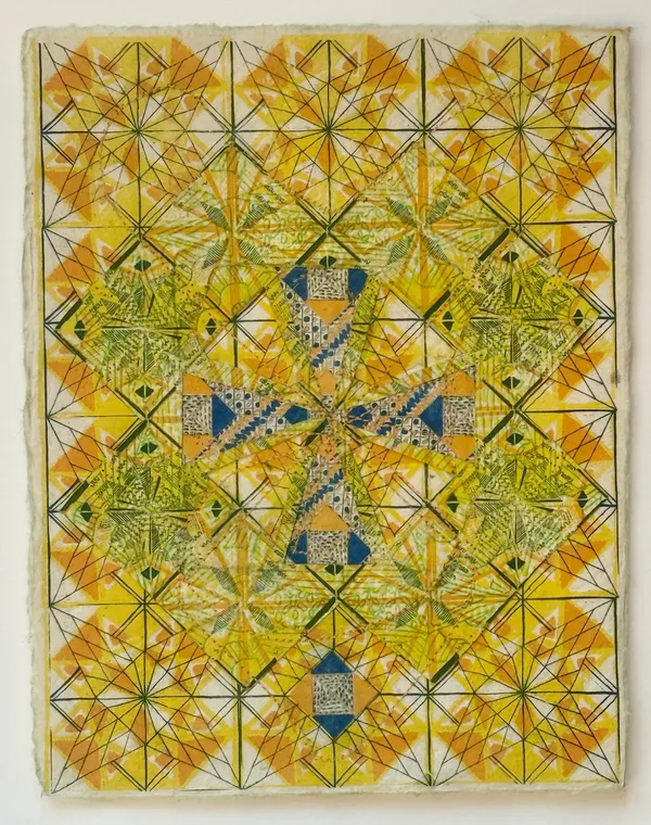 Jacquelyn Strycker Medallion (Double), 2026 risographs on handmade paper with sewing 11 x 8.5 in.