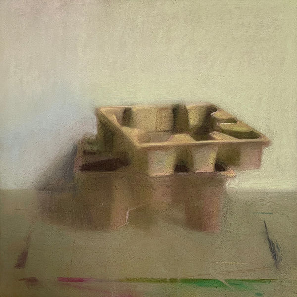 hazy still life pastel drawing of two pieces of cardboard packaging material stacked on one another