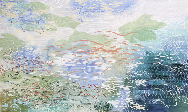Laura Fayer Float Tide, 2019 acrylic and Japanese paper on canvas 36 x 60 in.