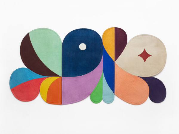 Zuriel Waters Moon Jelly, 2025 acrylic pigment-dyed burlap, canvas and denim, upholstery thread, felt, d-rings 40 x 82 in.