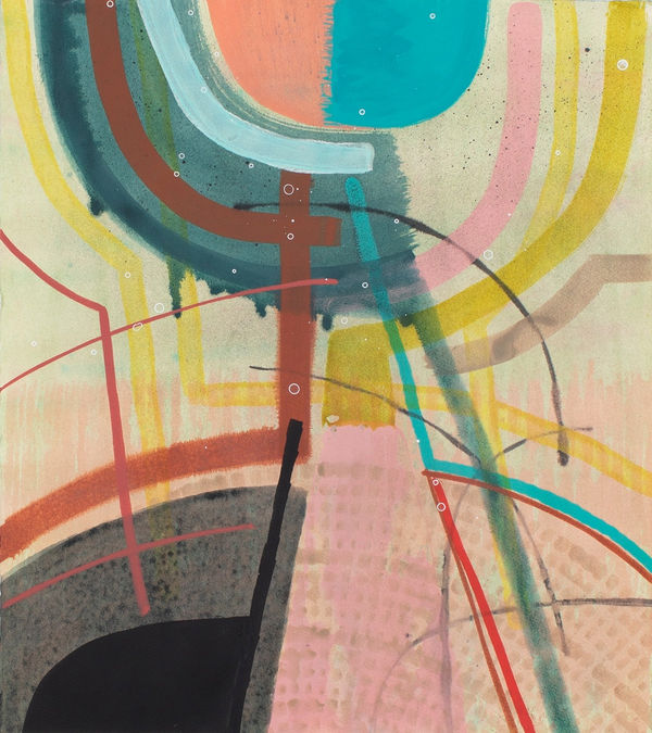 abstract painting with round shapes and lines, and a transparent grid pattern in the background layer. The colors are red, pink, yellow, and black and cyan.