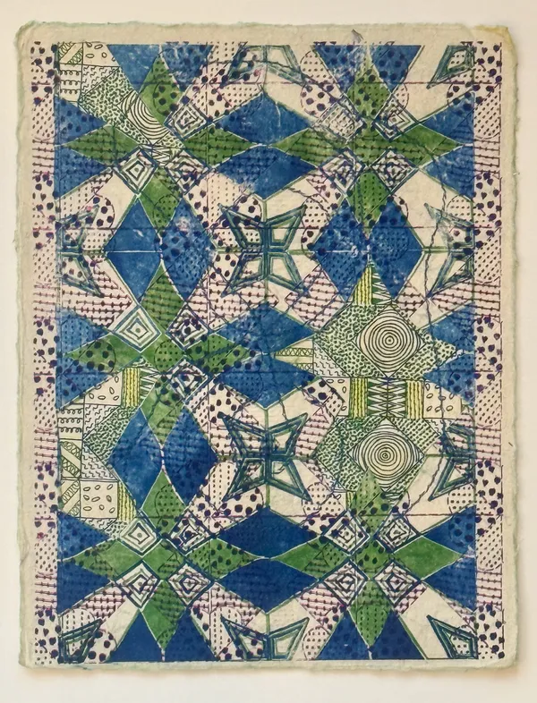 Jacquelyn Strycker Medallion (Open), 2026 risographs on handmade paper with sewing 11 x 8.5 in.