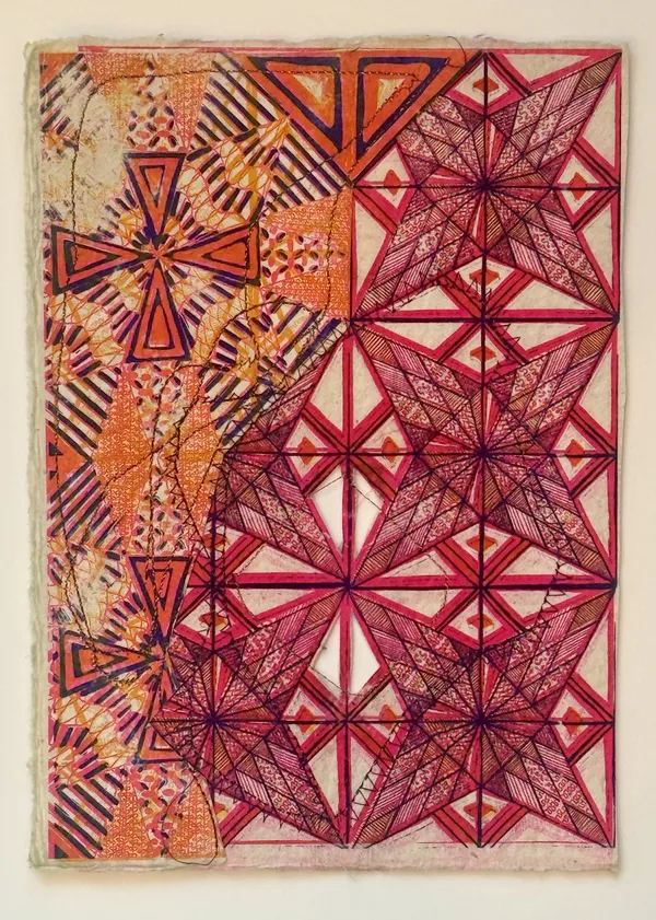 Jacquelyn Strycker Medallion (Split), 2026 risographs on handmade paper with sewing 11 x 8.5 in.