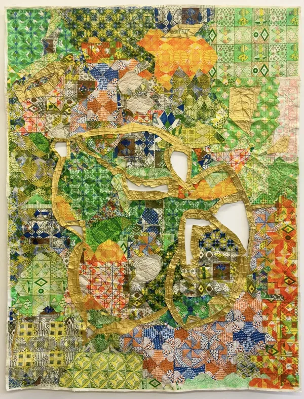 Jacquelyn Strycker Phantom, 2025 collage of risographs on Japanese papers with sewing and acrylic gouache 45 x 34 in.