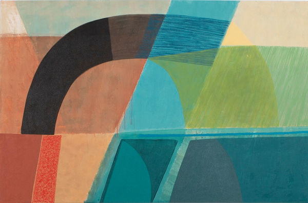 abstract painting segmented into 6 primary areas by a rectangle placed diagonally in the center. The four rightmost sections are cool blues and greens, and the left two are orange browns.