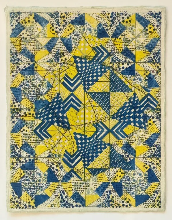 Jacquelyn Strycker Medallion (Field), 2026 risographs on handmade paper with sewing 11 x 8.5 in.