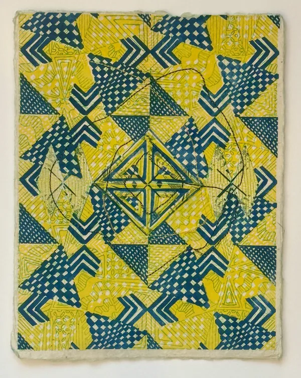 Jacquelyn Strycker Medallion (Orbit), 2026 risographs on handmade paper with sewing 11 x 8.5 in.