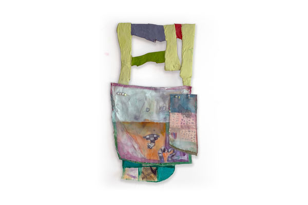 Maíra Senise Pillow 1, 2021 acrylic on paper mache, watercolor, beads, spray paint, plastic on fabric 17 x 12 in.