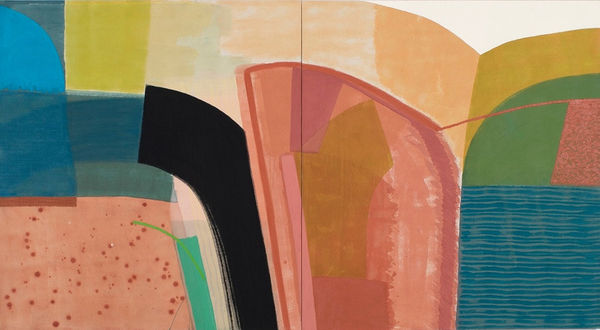 abstract diptych painting of large shapes, in orange brown, yellow, and cyan shades.