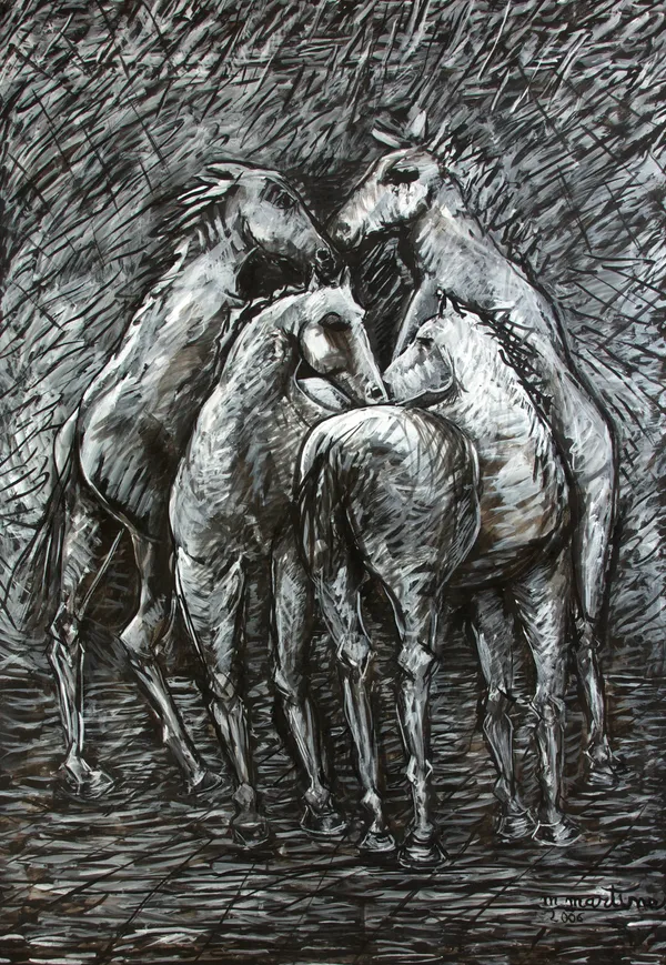 Martine Martine, Quatre Grands Chevaux fond noir et blanc, 2006