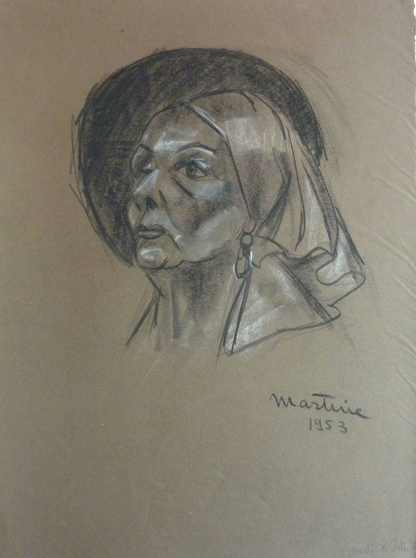 Martine Martine, Tête féminine nimbée de noir, 1953