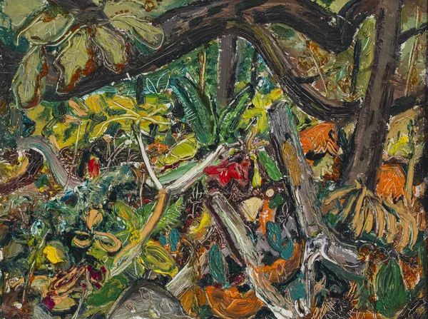 Arthur Lismer Georgian Bay Undergrowth, 1953 oil on board 12 x 16 in 30.5 x 40.6 cm inscribed in graphite on verso "Grotto 1953 Georgian Bay Undergrowth. By Arthur Lismer"