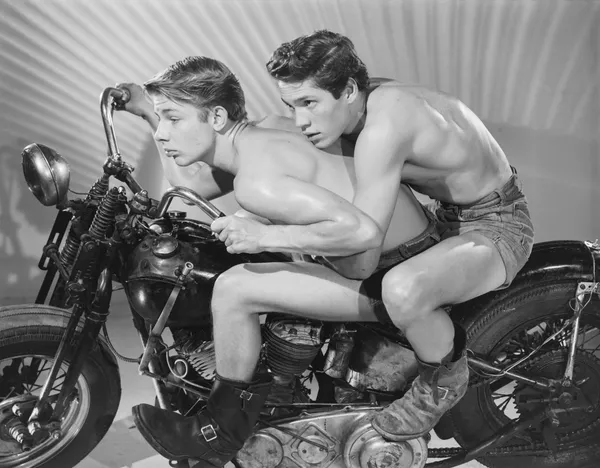 Bob Mizer, David Stubbs and David McCrady (on cycle in boots), Los Angeles, 1961