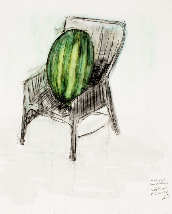 Amine El Gotaibi Pastèque et Chaise (Watermelon and Chair), 2021 Ink and charcoal on paper 140 x 100 cm