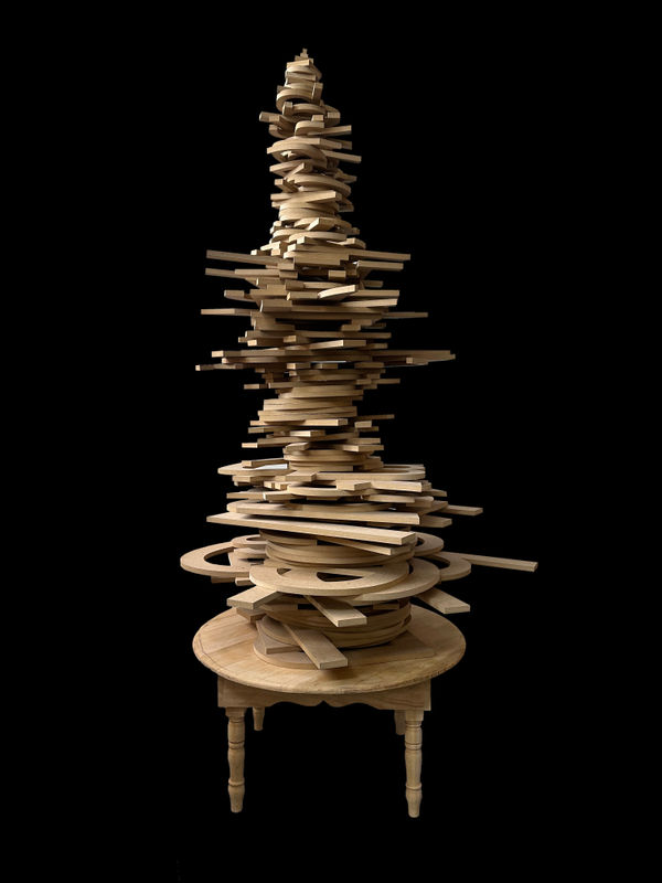 Mo Baala Zaoubaa, 2024 Installation en bois Wood Installation H 210 cm, H (sans socle) 170 cm Diamètre 110 cm