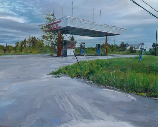 Matthew Schofield Full Service Gas Station, Closed, 2026 oil on plexiglass 16 x 20 in.