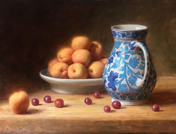 Still life with Jaipur jug, apricots, and grapes, 2021 Andrew Bonneau Oil on board 30.2 x 40 cm