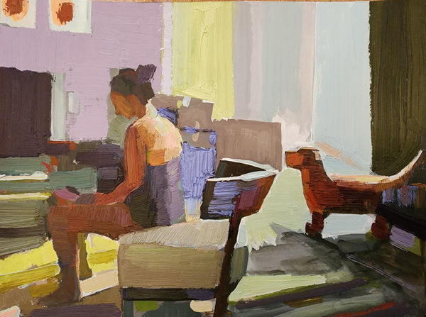 Room with woman and dog