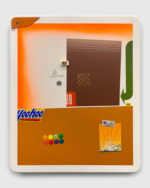 Samuel Richardson Yoohoosam, 2025 Acrylic, graphite, oil, plastic, pennies, paper image, cardstock, tag, ink, sticker, screw, and spray paint on canvas. 24” × 20” × 1.5”