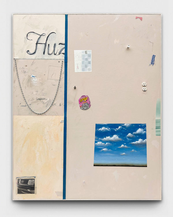 Samuel Richardson The Ballad of Birds, 2024 Acrylic, chain, coffee, colored pencil, fabric, glue, glow star, graphite, hooks, oil, oil pastel, outlet, paper images, pin, pipe cleaners, plastic, rubber, salt, salt and pepper wrappers, scratches, screws, soda can, spray paint, spring, staples, sticker, sugar, tape measure, toggle switch, wire, and watch on framed canvas. 60.5” x 48.5” × 1.5