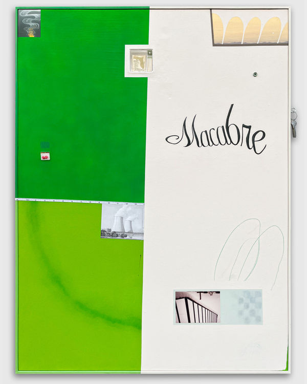 Samuel Richardson The White Arcades, 2024 Acrylic, acrylic sheet, bolt, button, colored pencil, earrings, graphite, hook, keys, matchbox, matches, paper images, paperboard, pin, screws, spray paint, tape measure, thread, and zipper on framed canvas. 40.5” × 30.5” × 1.5”