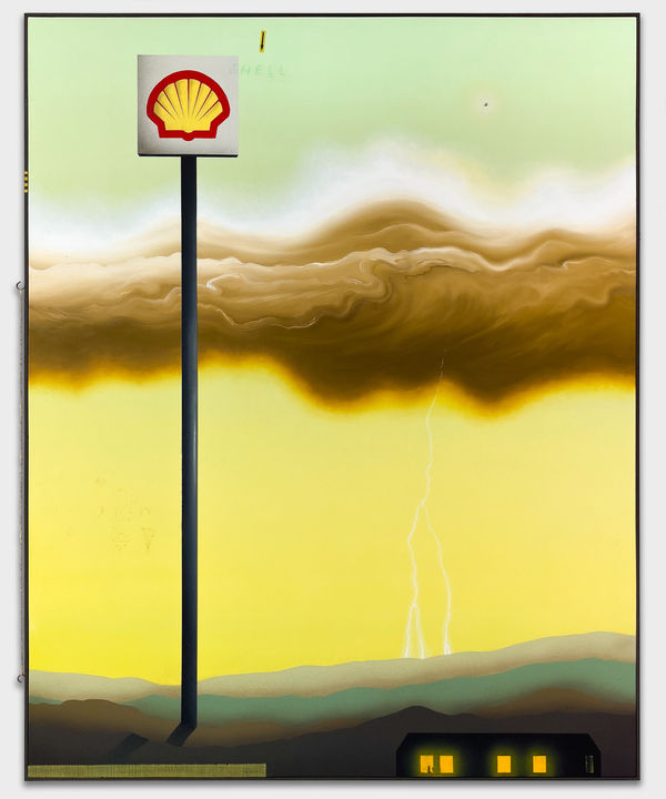 Samuel Richardson Climate Event at Estes Park, 2023 Acrylic, oil, spray paint, oil pastel, graphite, sticker, scratches, hooks, twine, colored pencil, mesh, wire, and glue on framed canvas. 60.5” × 50” × 1.5”