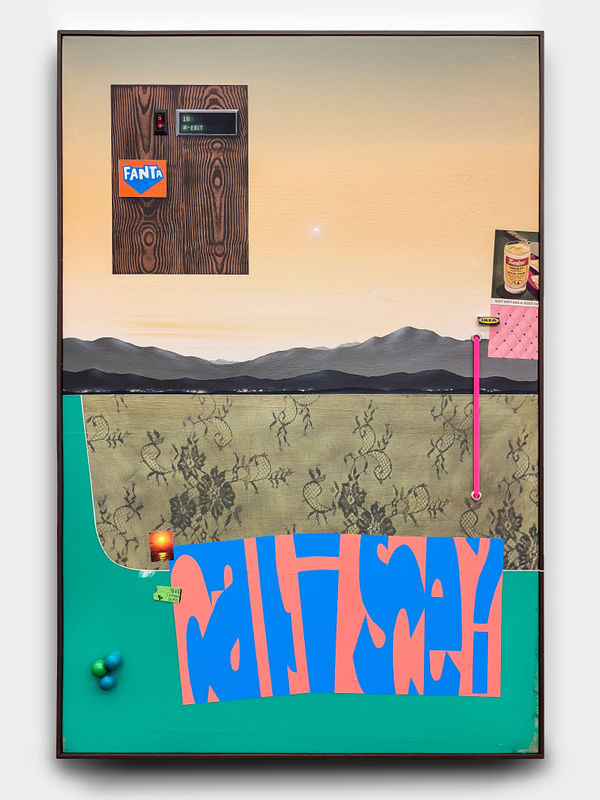 Samuel Richardson The Factory, 2025 Acrylic, oil, spray paint, colored pencil, paper, graphite, charcoal, tag, switch, plastic, eyelets, chain, strap, and shoe string on framed canvas. 36.5” × 24.5” × 1.5”