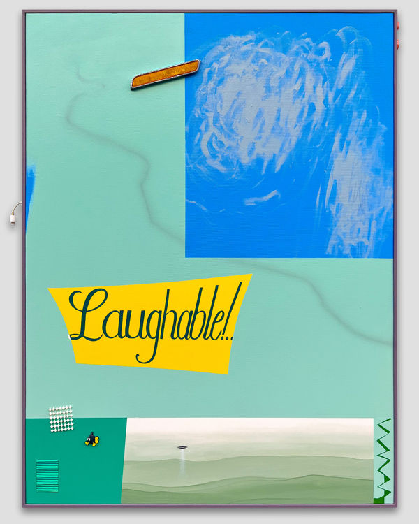 Samuel Richardson The Yearbook, 2024 Acrylic, bottle caps, cardboard, headphone adapter, nails, oil, plastic toys, reflector, and rug stopper on framed canvas. 40.5” × 30.5” × 1.5”