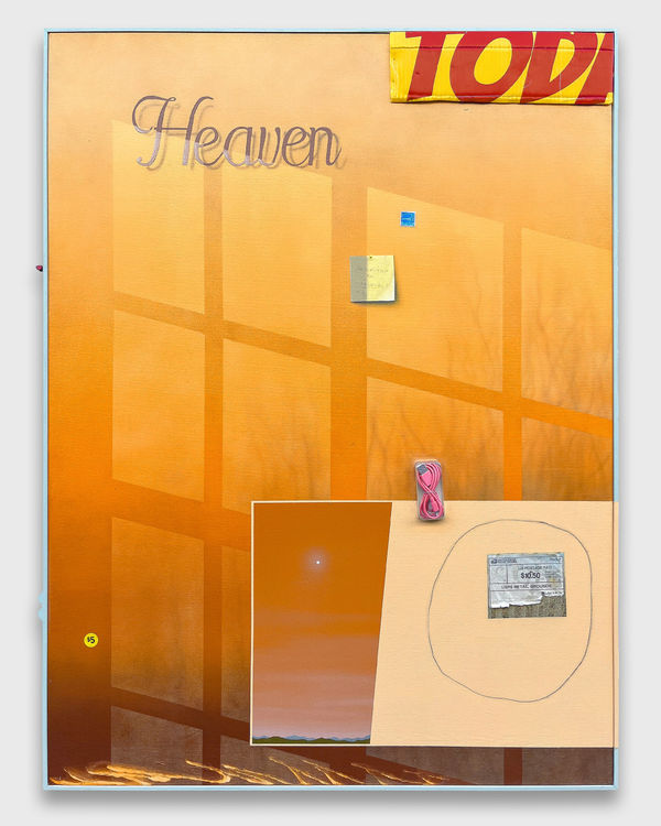 Samuel Richardson Riboflavin, 260%, 2024 Acrylic, coroplast, graphite, hook, metal plate, needle, oil, pencil, plastic, screws, scratches, spray paint, sticker, thread, and USB cable on framed canvas. 40.5” × 30.5” × 1.5”