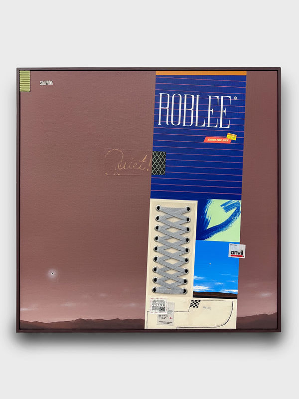 Samuel Richardson Sneakernight, 2025 Acrylic, oil, graphite, cardboard, charcoal, colored pencil, paper, tags, eyelets, shoe string, screws, bolt, and spring on framed canvas. 20.5” × 20.5” × 1.5”