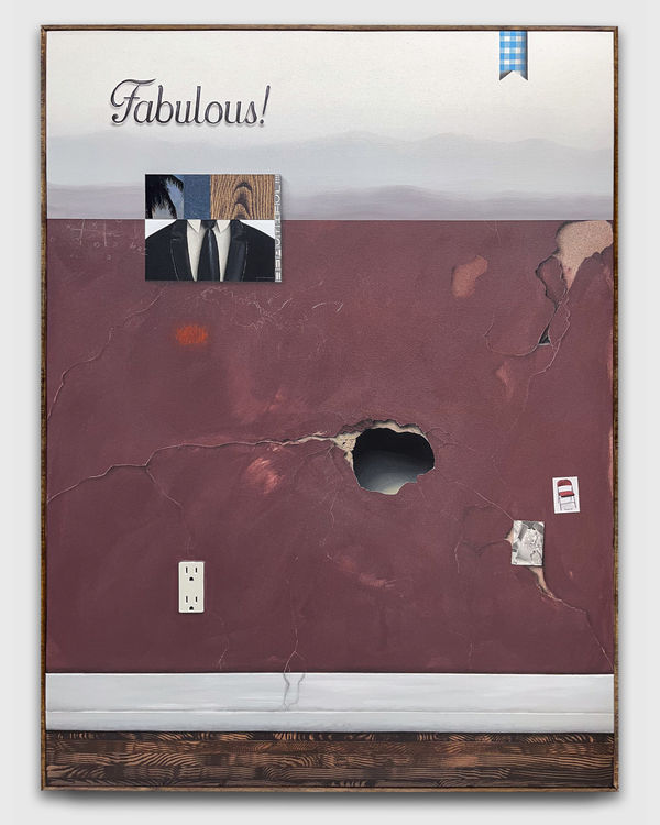 Samuel Richardson Wall II, 2024 Acrylic, buttons, canvas, colored pencil, graphite, key, oil, oil pastel, outlet, paper images, plastic bag, scratches, and screw on framed canvas 40.5” × 30.5” × 1.5