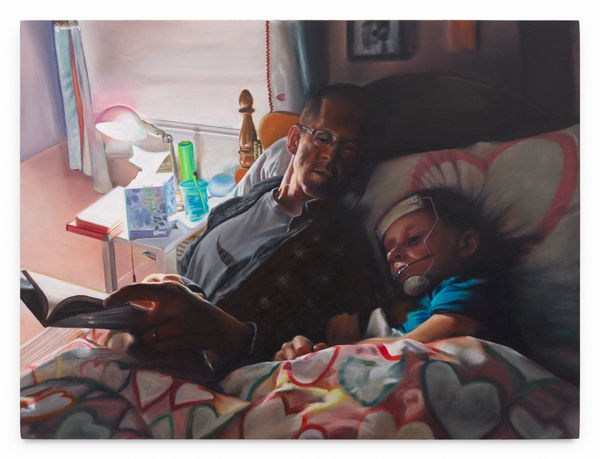 TIM HAWKINSON Reading to Clare, 2023 Oil on panel 7 1/2 x 10 1/8 inches 19.1 x 25.7 cm