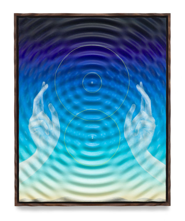 EMILY WEINER Interference, 2025 Oil on shaped MDF in walnut frame 21 x 17 x 1 3/4 inches 53.3 x 43.2 x 4.4 cm