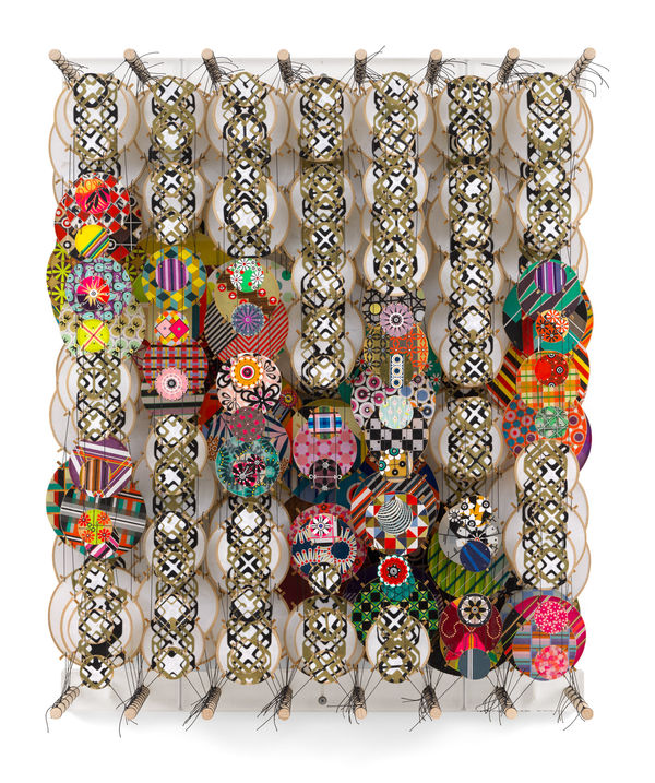 JACOB HASHIMOTO This exact language, 2025 Acrylic, paper, bamboo, wood, and Dacron 32 x 26 x 8 1/4 inches 81.3 x 66 x 21 cm