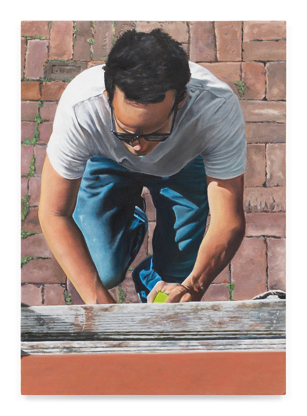 TIM HAWKINSON Mario Ascending, 2022 Oil on panel 9 1/4 x 6 1/2 inches 23.5 x 16.5 cm