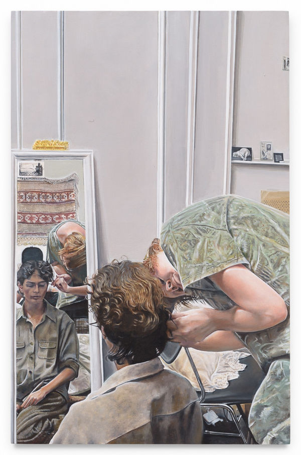 TIM HAWKINSON Haircut, 2023 Oil on panel 11 3/4 x 7 1/2 inches 29.8 x 19.1 cm